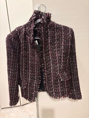 NWT Gibsonlook Berry Bouclé Tweed Fringe Jacket Blazer XS